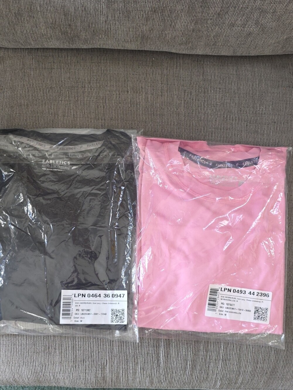 2 Fabletics Women's Black and Pink Core Long Sleeve Underscrub Shirts, Size Med.